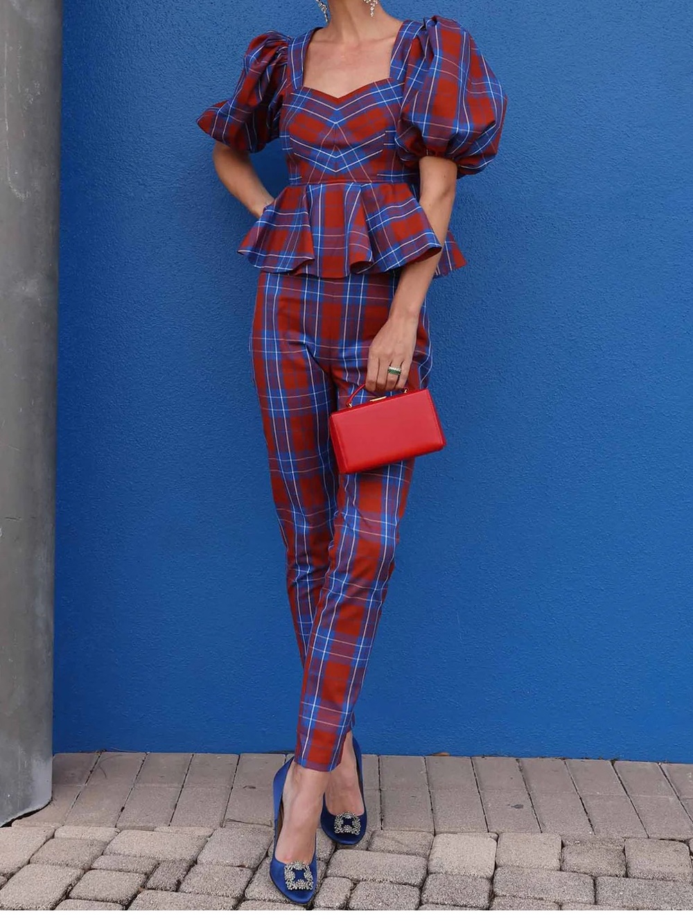 New!! Hunter Bell Kaia Stretch Plaid Peplum Top & Carson Pants Set Size 0 - Picture 2 of 9